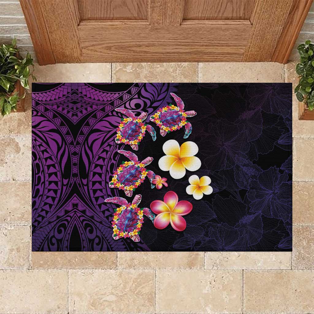 Hawaiian Turtles and Plumeria Rubber Doormat Polynesian Art Tribal Tattoo Deep Violet Color