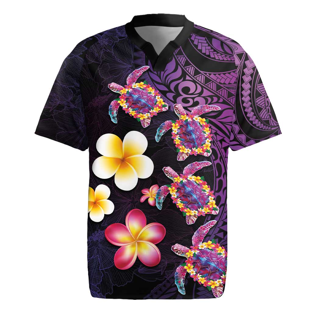 Hawaiian Turtles and Plumeria Rugby Jersey Polynesian Art Tribal Tattoo Deep Violet Color