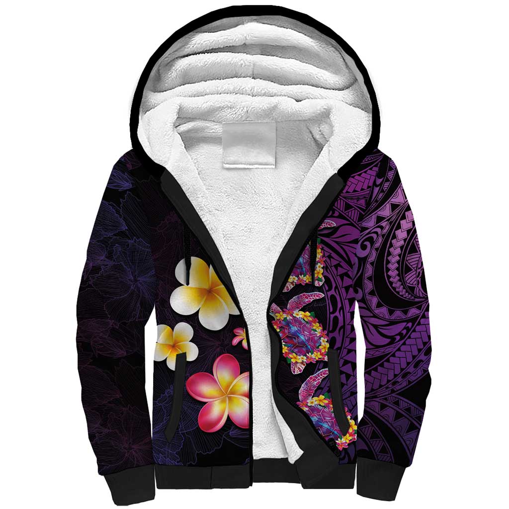 Hawaiian Turtles and Plumeria Sherpa Hoodie Polynesian Art Tribal Tattoo Deep Violet Color