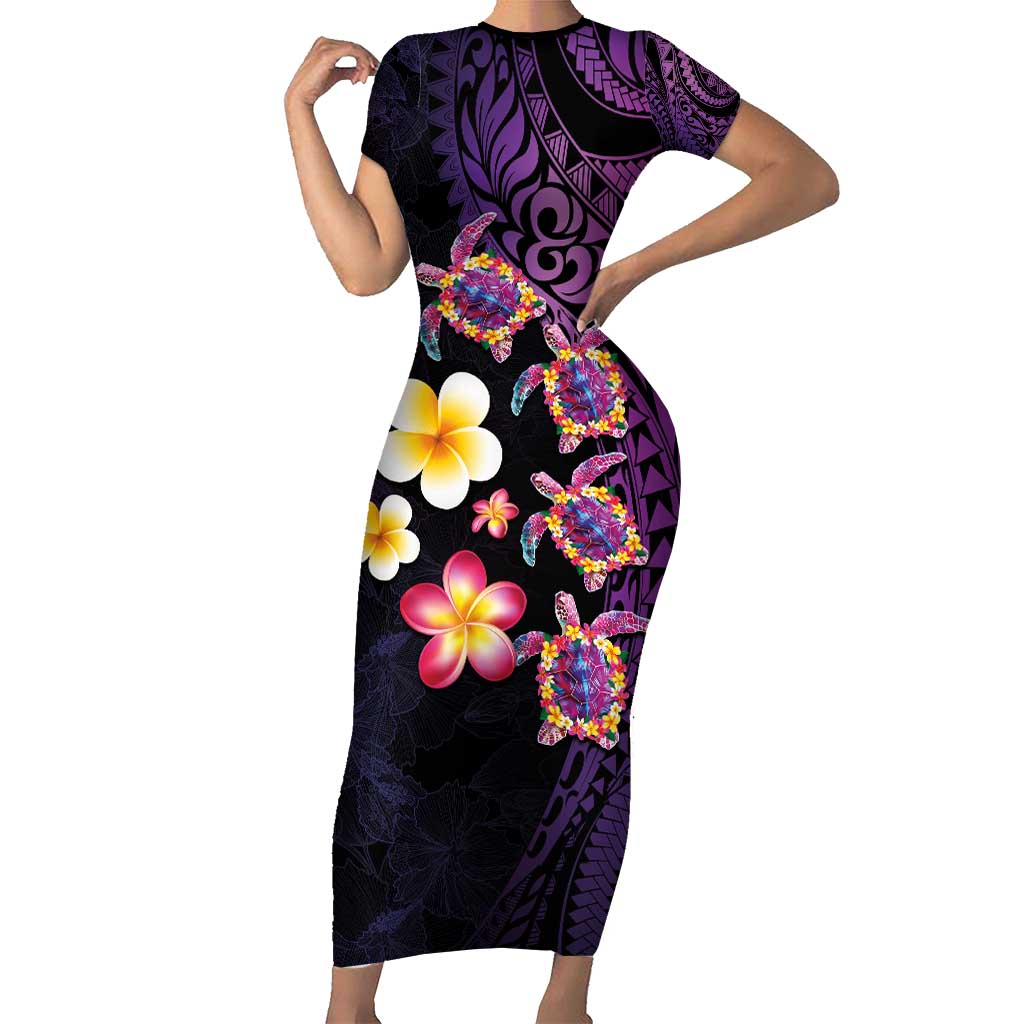 Hawaiian Turtles and Plumeria Short Sleeve Bodycon Dress Polynesian Art Tribal Tattoo Deep Violet Color