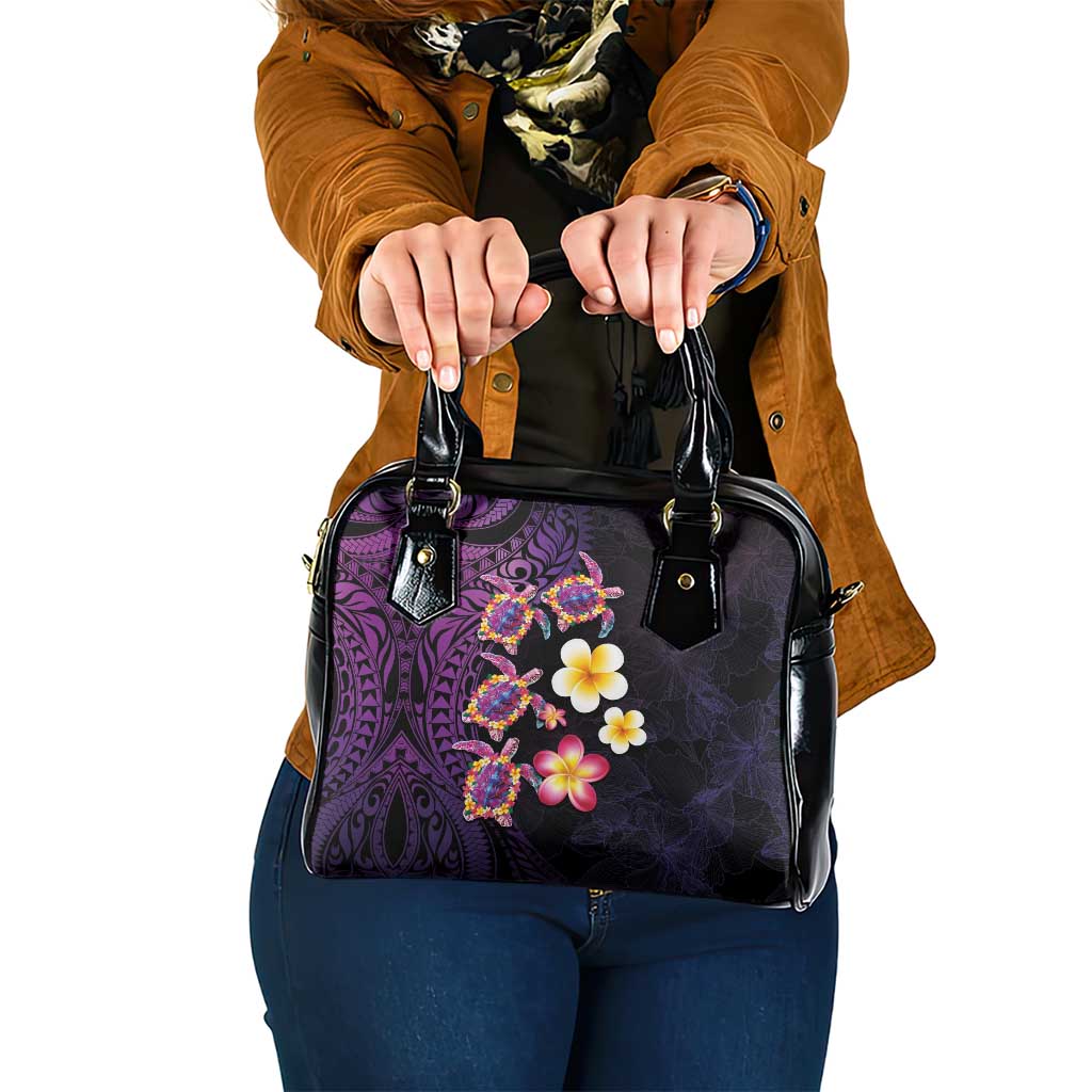 Hawaiian Turtles and Plumeria Shoulder Handbag Polynesian Art Tribal Tattoo Deep Violet Color