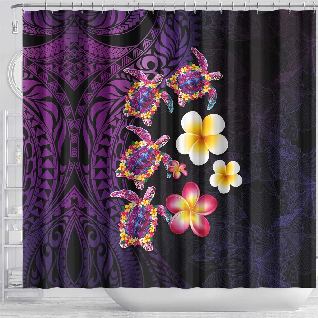 Hawaiian Turtles and Plumeria Shower Curtain Polynesian Art Tribal Tattoo Deep Violet Color