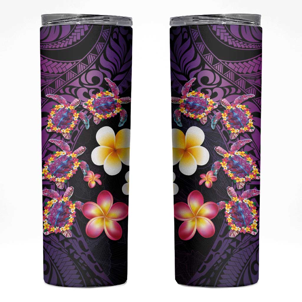 Hawaiian Turtles and Plumeria Skinny Tumbler Polynesian Art Tribal Tattoo Deep Violet Color