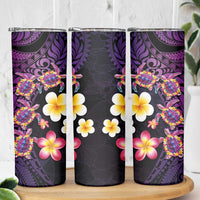 Hawaiian Turtles and Plumeria Skinny Tumbler Polynesian Art Tribal Tattoo Deep Violet Color