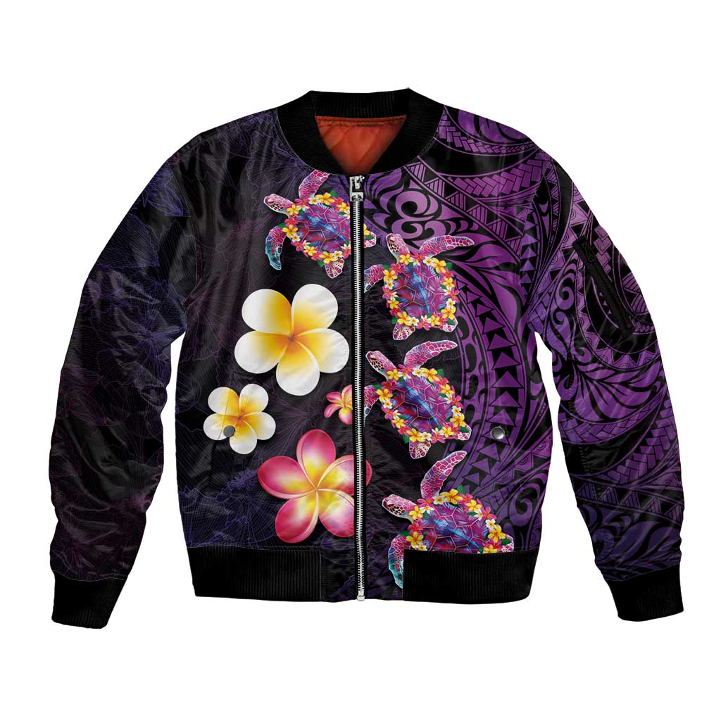 Hawaiian Turtles and Plumeria Sleeve Zip Bomber Jacket Polynesian Art Tribal Tattoo Deep Violet Color