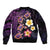 Hawaiian Turtles and Plumeria Sleeve Zip Bomber Jacket Polynesian Art Tribal Tattoo Deep Violet Color