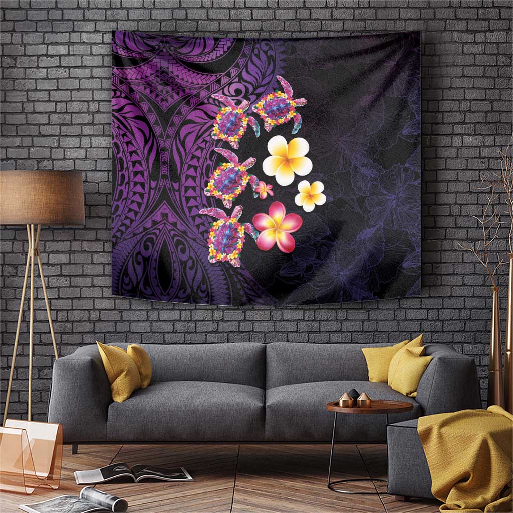 Hawaiian Turtles and Plumeria Tapestry Polynesian Art Tribal Tattoo Deep Violet Color