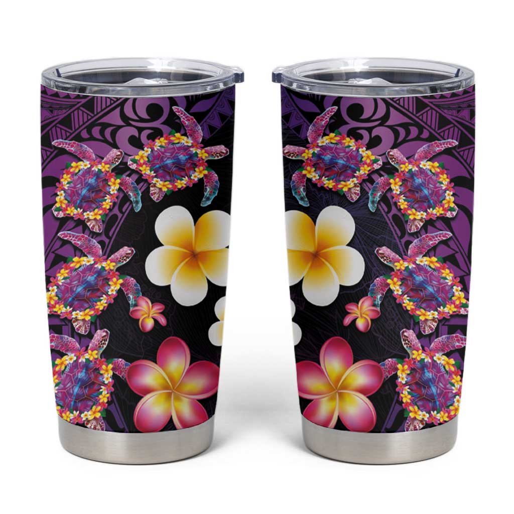 Hawaiian Turtles and Plumeria Tumbler Cup Polynesian Art Tribal Tattoo Deep Violet Color