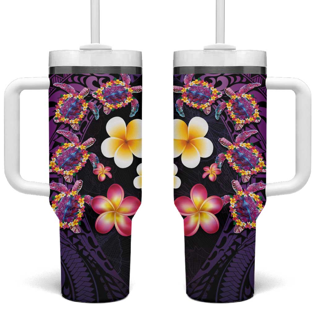 Hawaiian Turtles and Plumeria Tumbler With Handle Polynesian Art Tribal Tattoo Deep Violet Color