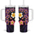 Hawaiian Turtles and Plumeria Tumbler With Handle Polynesian Art Tribal Tattoo Deep Violet Color