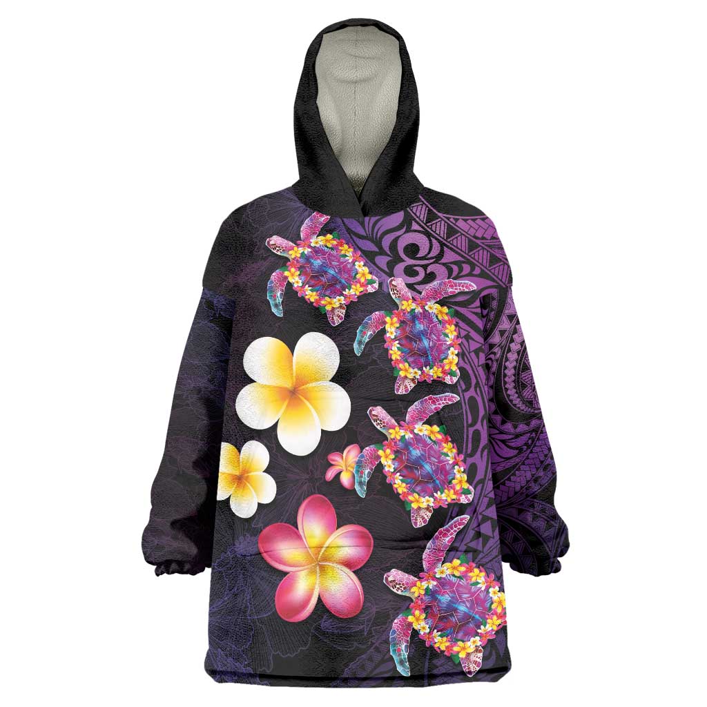 Hawaiian Turtles and Plumeria Wearable Blanket Hoodie Polynesian Art Tribal Tattoo Deep Violet Color