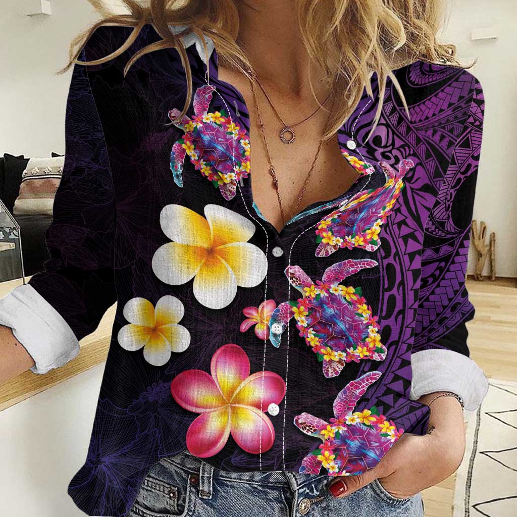 Hawaiian Turtles and Plumeria Women Casual Shirt Polynesian Art Tribal Tattoo Deep Violet Color