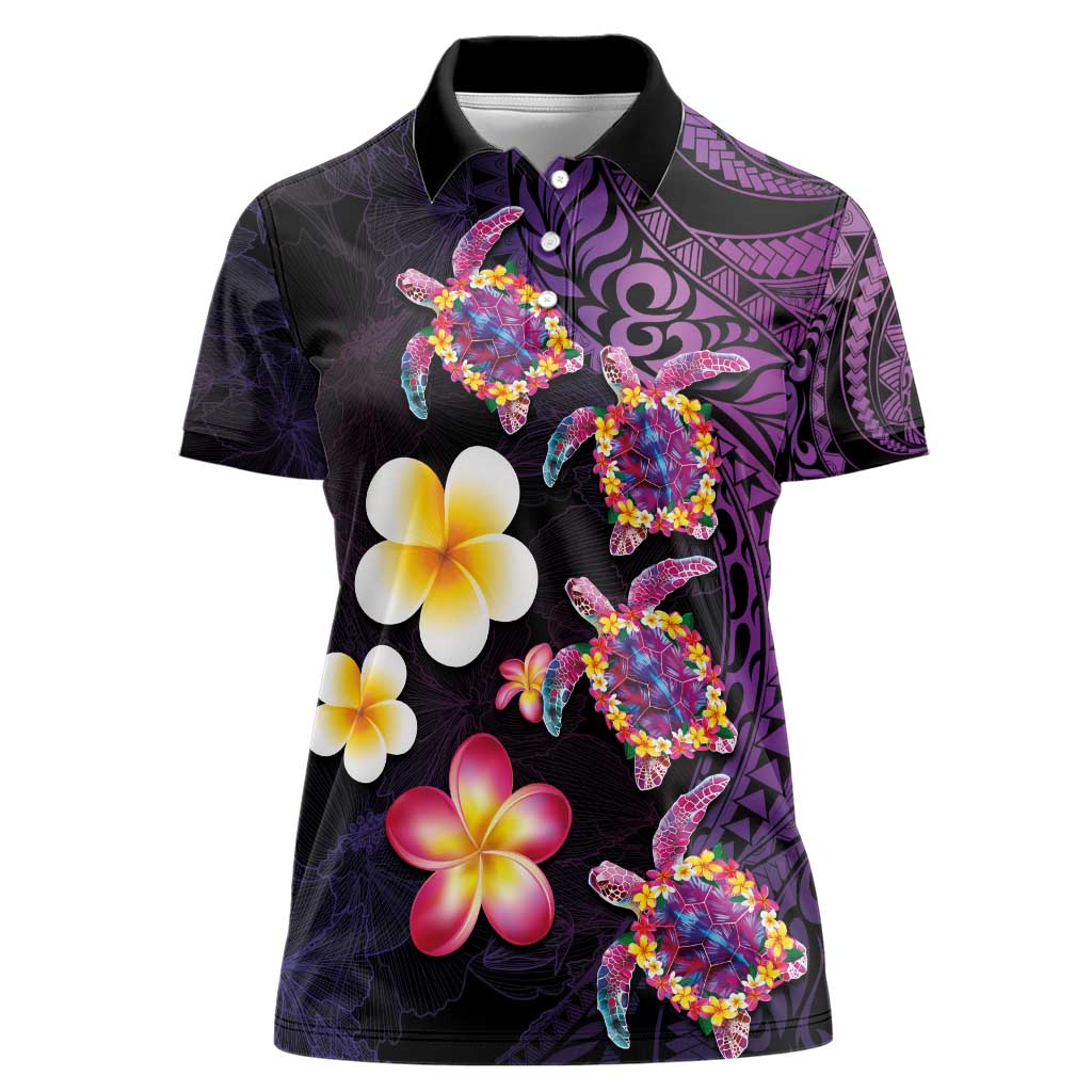 Hawaiian Turtles and Plumeria Women Polo Shirt Polynesian Art Tribal Tattoo Deep Violet Color