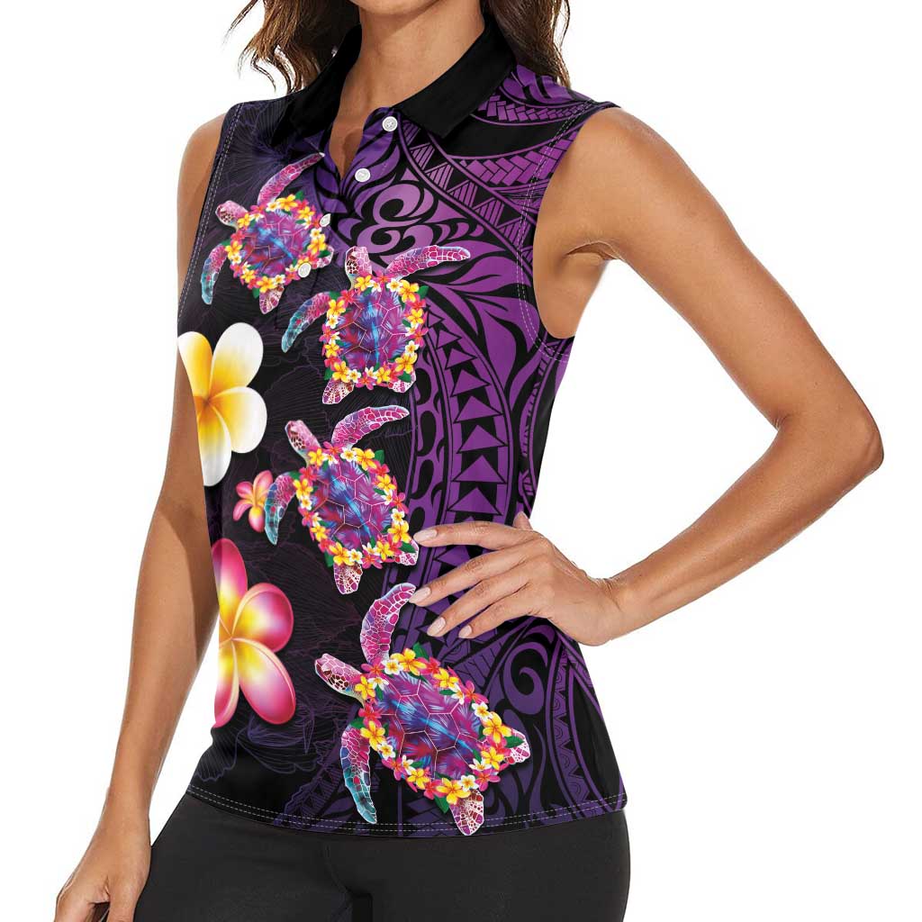 Hawaiian Turtles and Plumeria Women Sleeveless Polo Shirt Polynesian Art Tribal Tattoo Deep Violet Color LT03 - Polynesian Pride