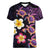 Hawaiian Turtles and Plumeria Women V-Neck T-Shirt Polynesian Art Tribal Tattoo Deep Violet Color