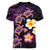 Hawaiian Turtles and Plumeria Women V-Neck T-Shirt Polynesian Art Tribal Tattoo Deep Violet Color