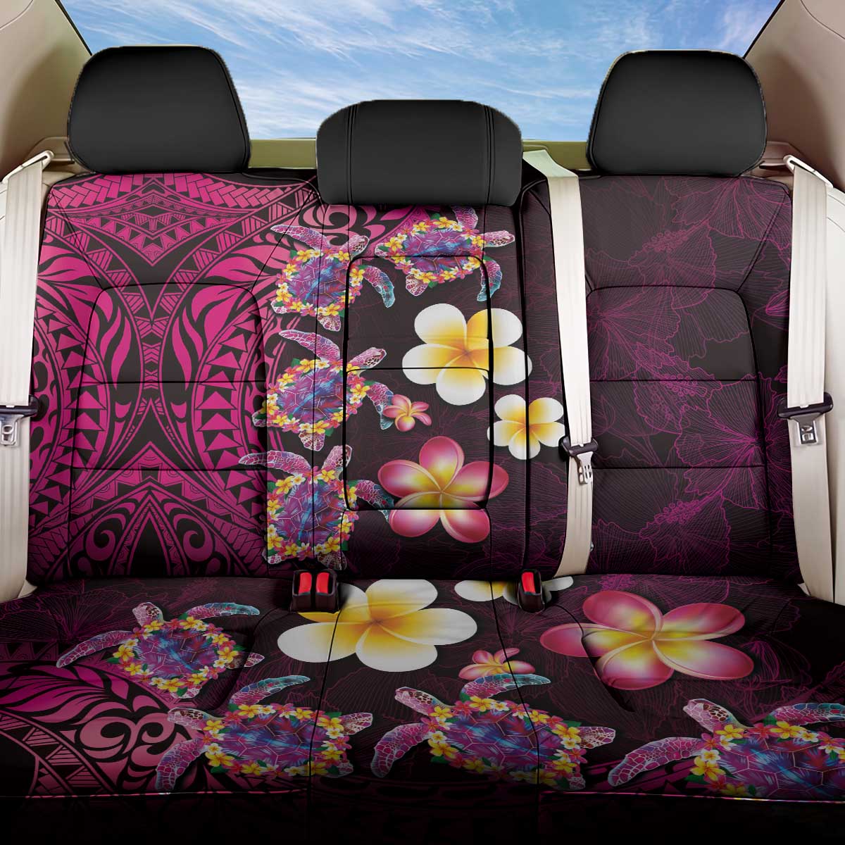 Hawaiian Turtles and Plumeria Back Car Seat Cover Polynesian Art Tribal Tattoo Cerise