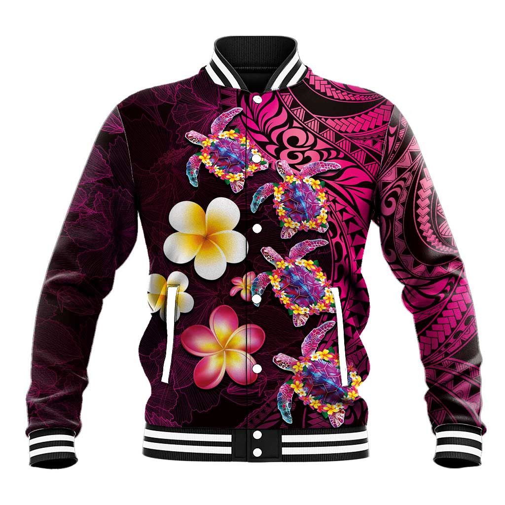 Hawaiian Turtles and Plumeria Baseball Jacket Polynesian Art Tribal Tattoo Cerise