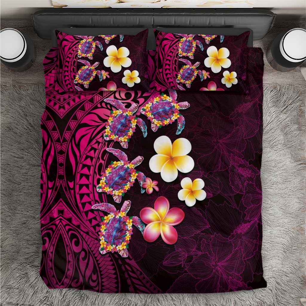 Hawaiian Turtles and Plumeria Bedding Set Polynesian Art Tribal Tattoo Cerise