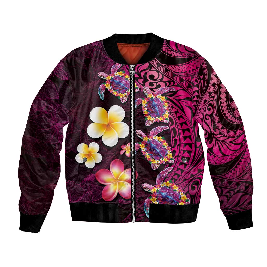 Hawaiian Turtles and Plumeria Bomber Jacket Polynesian Art Tribal Tattoo Cerise