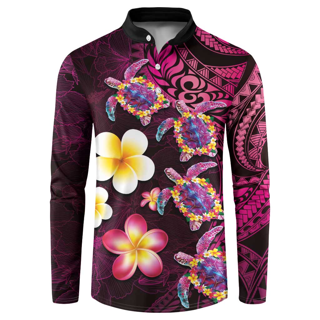 Hawaiian Turtles and Plumeria Button Sweatshirt Polynesian Art Tribal Tattoo Cerise