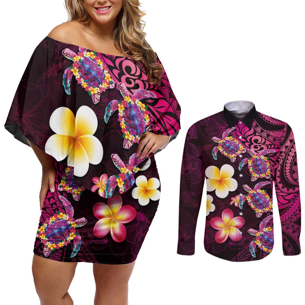 Hawaiian Turtles and Plumeria Couples Matching Off Shoulder Short Dress and Long Sleeve Button Shirt Polynesian Art Tribal Tattoo Cerise