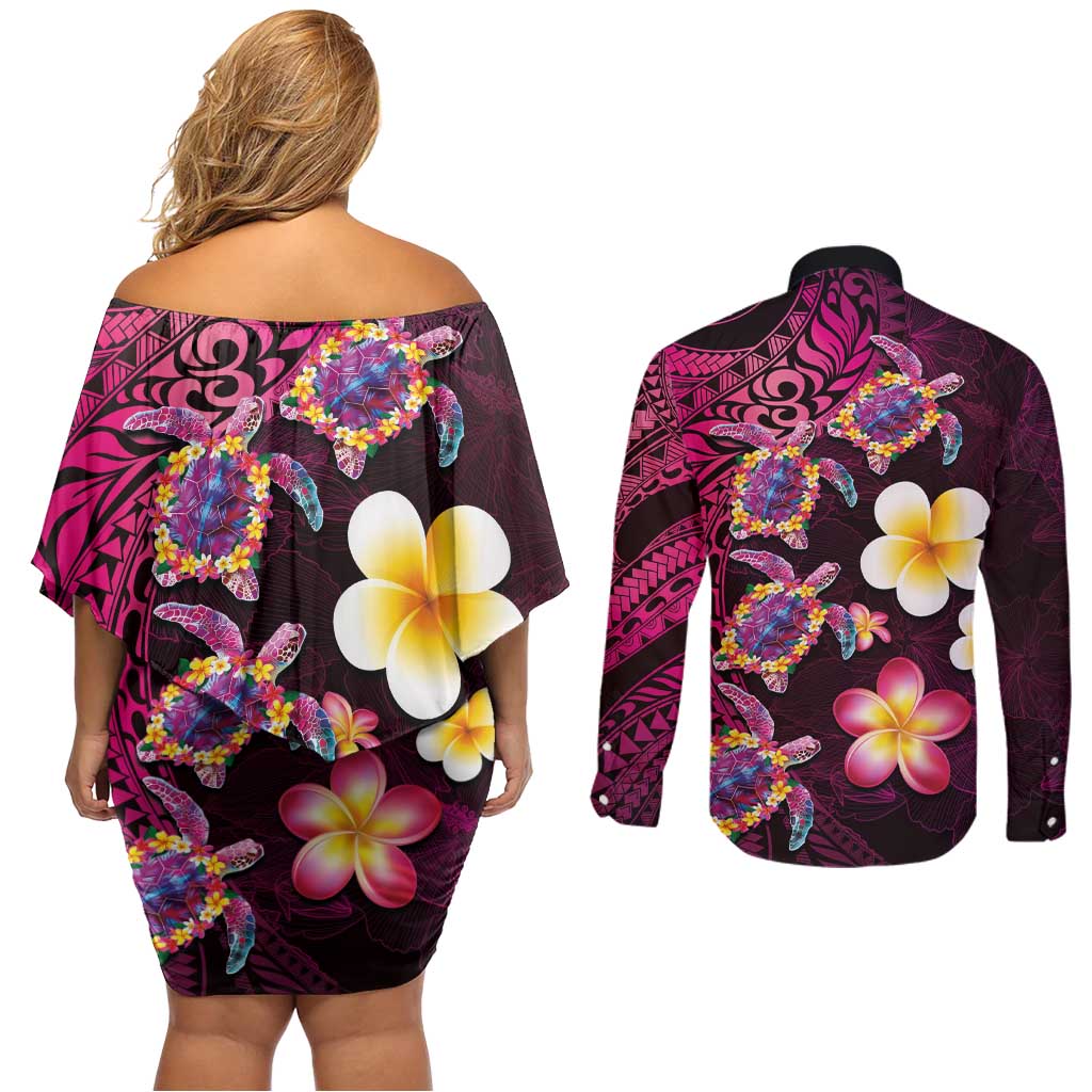 Hawaiian Turtles and Plumeria Couples Matching Off Shoulder Short Dress and Long Sleeve Button Shirt Polynesian Art Tribal Tattoo Cerise