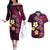 Hawaiian Turtles and Plumeria Couples Matching Off The Shoulder Long Sleeve Dress and Hawaiian Shirt Polynesian Art Tribal Tattoo Cerise