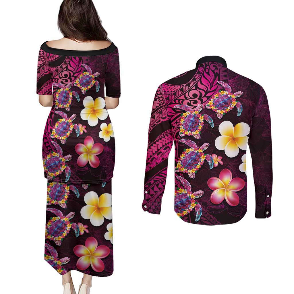 Hawaiian Turtles and Plumeria Couples Matching Puletasi and Long Sleeve Button Shirt Polynesian Art Tribal Tattoo Cerise