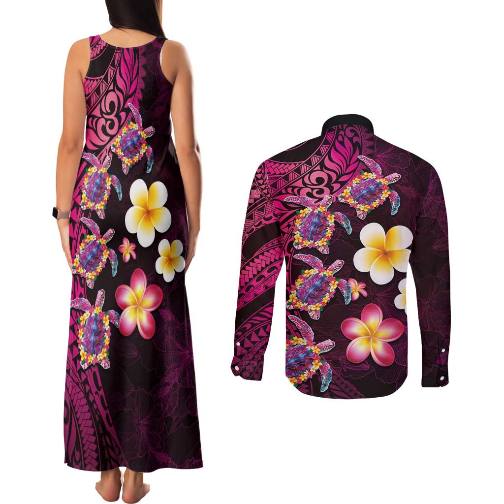 Hawaiian Turtles and Plumeria Couples Matching Tank Maxi Dress and Long Sleeve Button Shirt Polynesian Art Tribal Tattoo Cerise