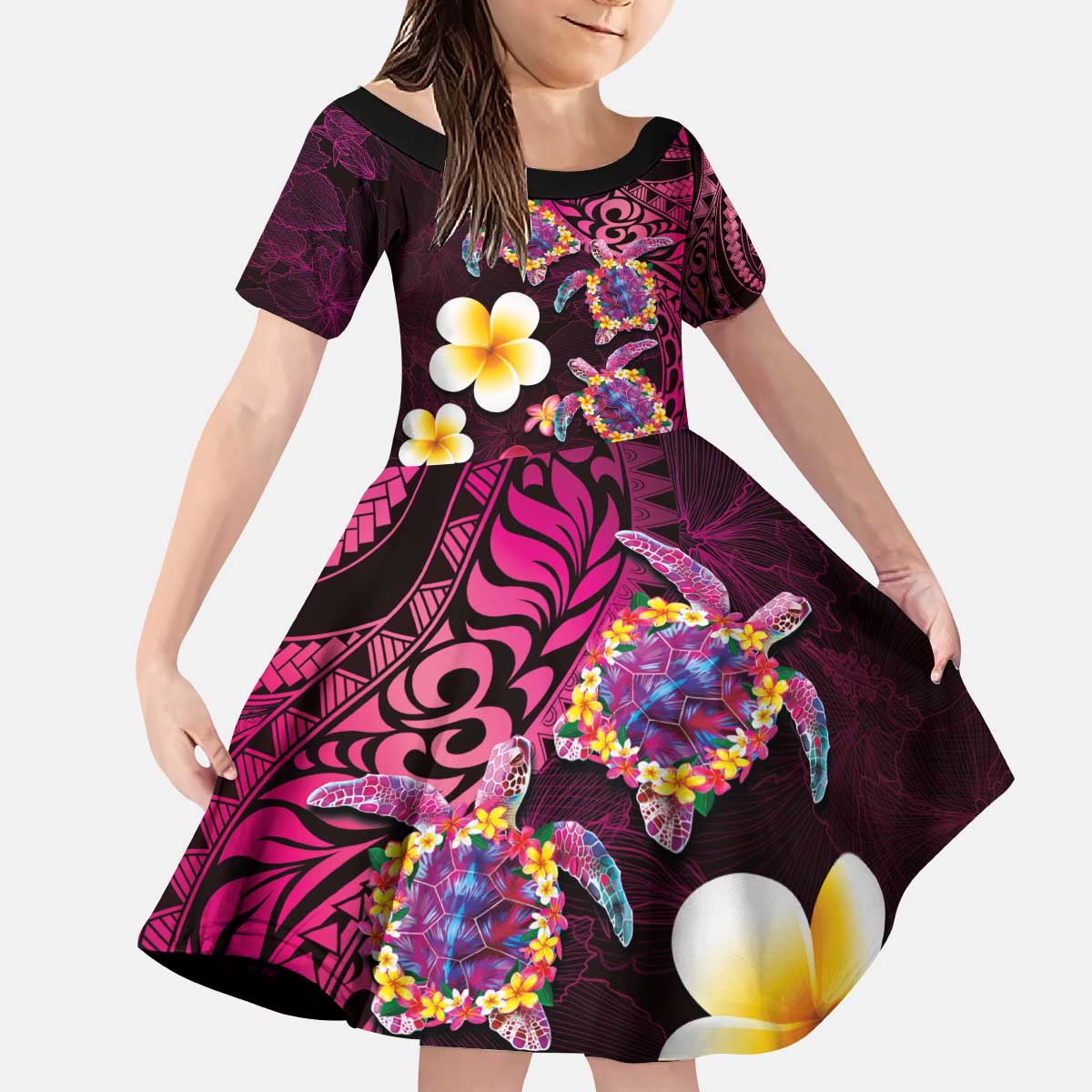 Hawaiian Turtles and Plumeria Kid Short Sleeve Dress Polynesian Art Tribal Tattoo Cerise