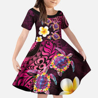 Hawaiian Turtles and Plumeria Kid Short Sleeve Dress Polynesian Art Tribal Tattoo Cerise LT03 KID Pink - Polynesian Pride