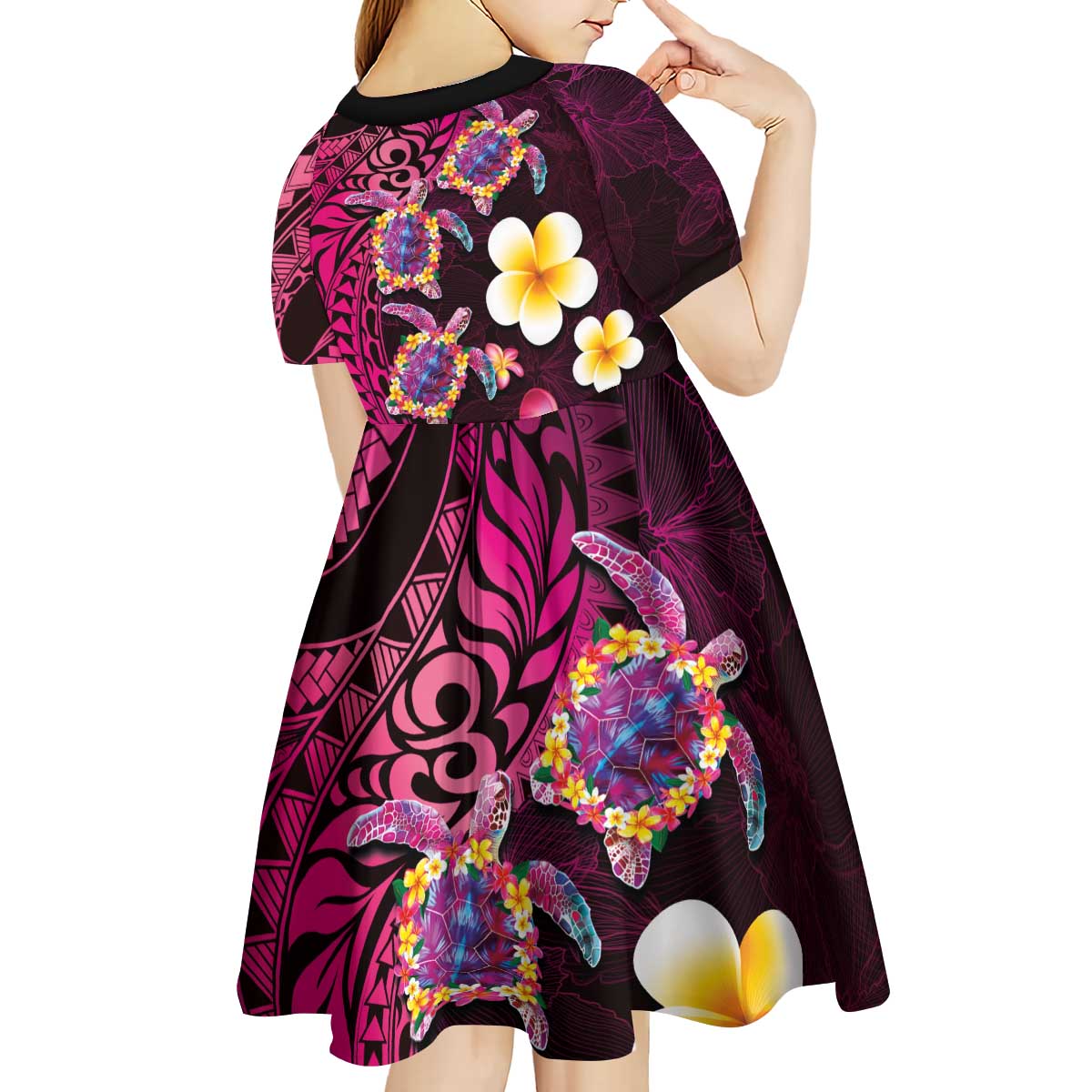 Hawaiian Turtles and Plumeria Kid Short Sleeve Dress Polynesian Art Tribal Tattoo Cerise LT03 - Polynesian Pride