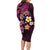 Hawaiian Turtles and Plumeria Long Sleeve Bodycon Dress Polynesian Art Tribal Tattoo Cerise