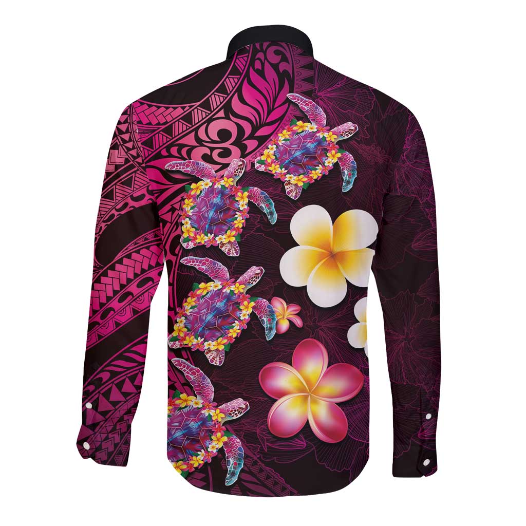 Hawaiian Turtles and Plumeria Long Sleeve Button Shirt Polynesian Art Tribal Tattoo Cerise