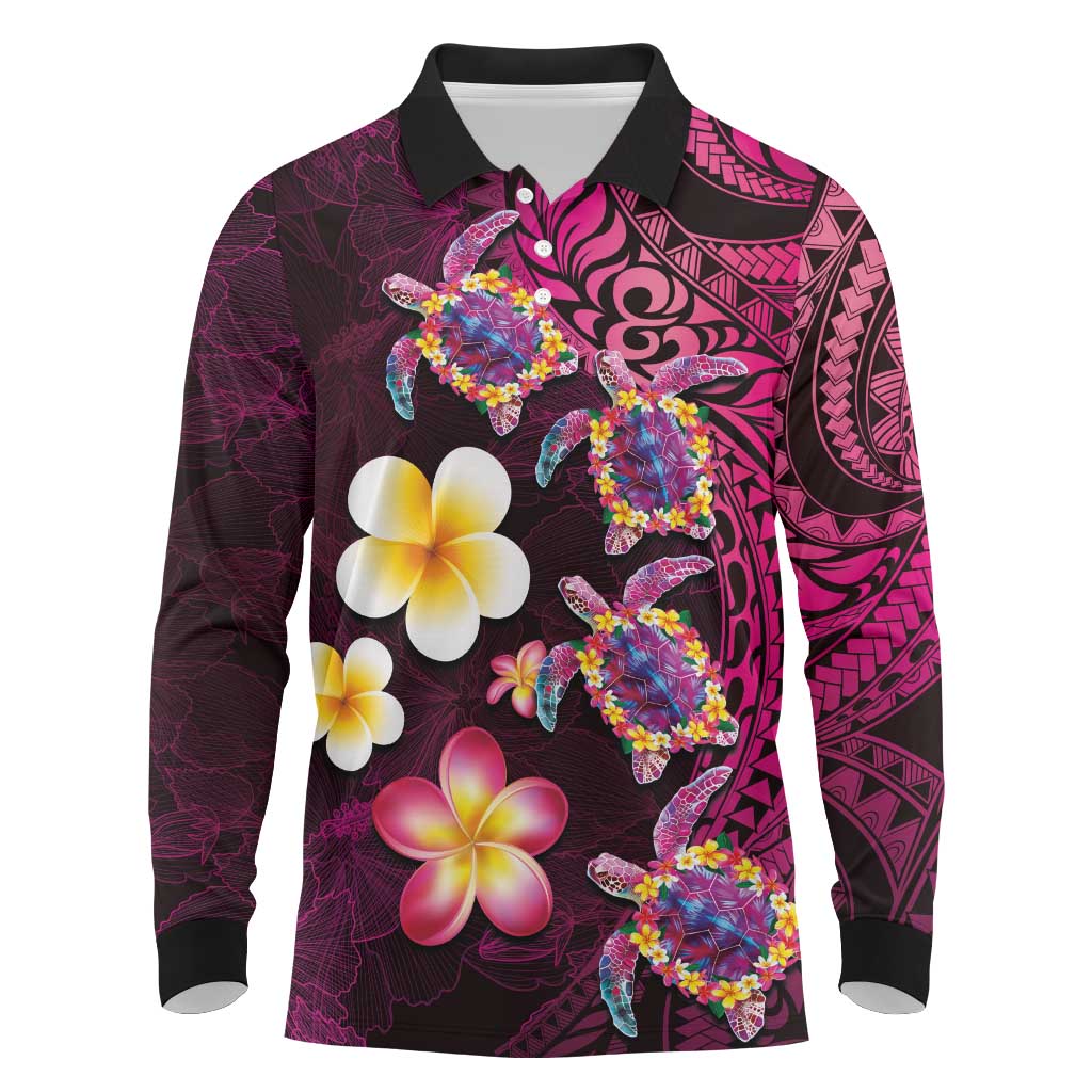 Hawaiian Turtles and Plumeria Long Sleeve Polo Shirt Polynesian Art Tribal Tattoo Cerise LT03 Pink - Polynesian Pride