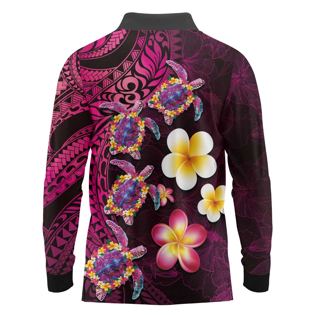 Hawaiian Turtles and Plumeria Long Sleeve Polo Shirt Polynesian Art Tribal Tattoo Cerise LT03 - Polynesian Pride