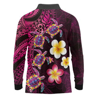 Hawaiian Turtles and Plumeria Long Sleeve Polo Shirt Polynesian Art Tribal Tattoo Cerise LT03 - Polynesian Pride