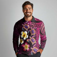 Hawaiian Turtles and Plumeria Long Sleeve Polo Shirt Polynesian Art Tribal Tattoo Cerise LT03 - Polynesian Pride