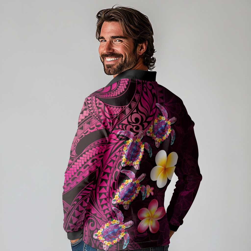 Hawaiian Turtles and Plumeria Long Sleeve Polo Shirt Polynesian Art Tribal Tattoo Cerise LT03 - Polynesian Pride