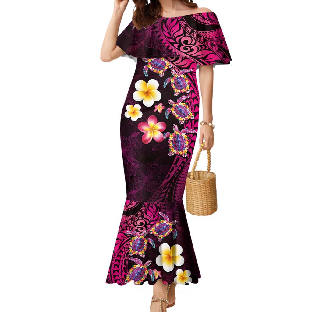 Hawaiian Turtles and Plumeria Mermaid Dress Polynesian Art Tribal Tattoo Cerise LT03 Women Pink - Polynesian Pride