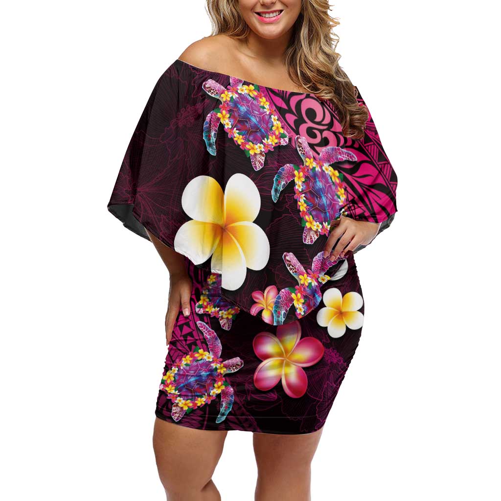 Hawaiian Turtles and Plumeria Off Shoulder Short Dress Polynesian Art Tribal Tattoo Cerise