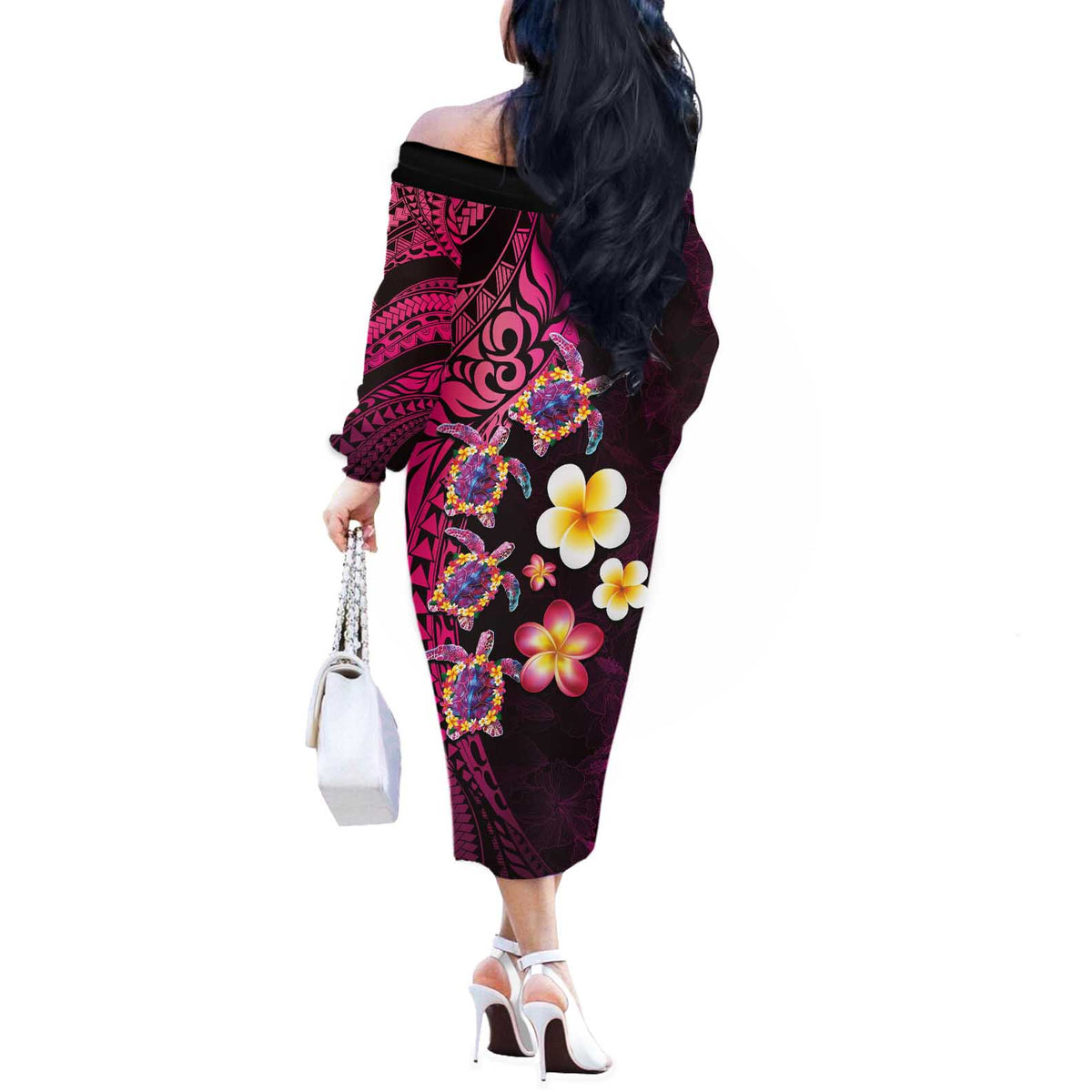 Hawaiian Turtles and Plumeria Off The Shoulder Long Sleeve Dress Polynesian Art Tribal Tattoo Cerise LT03 - Polynesian Pride