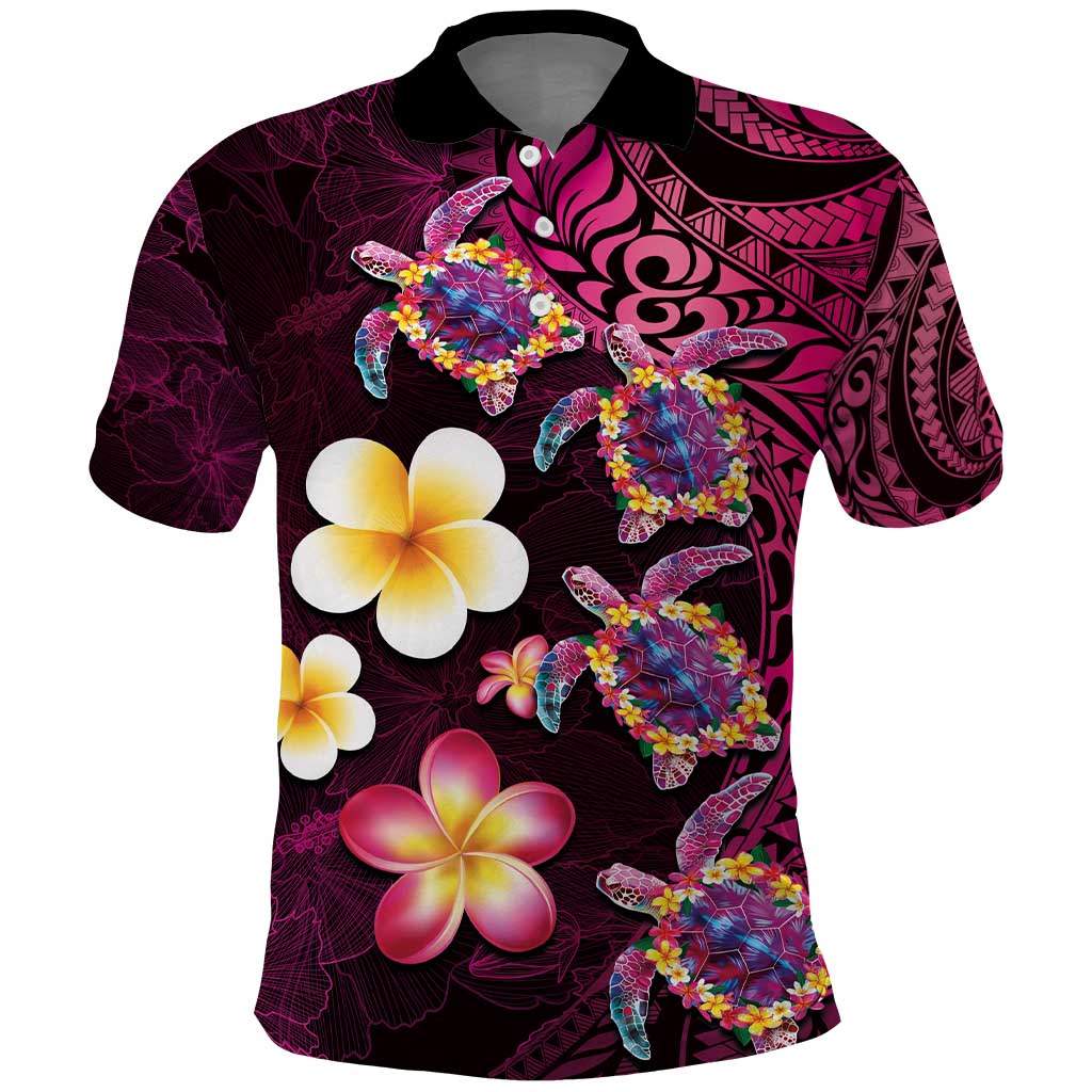 Hawaiian Turtles and Plumeria Polo Shirt Polynesian Art Tribal Tattoo Cerise