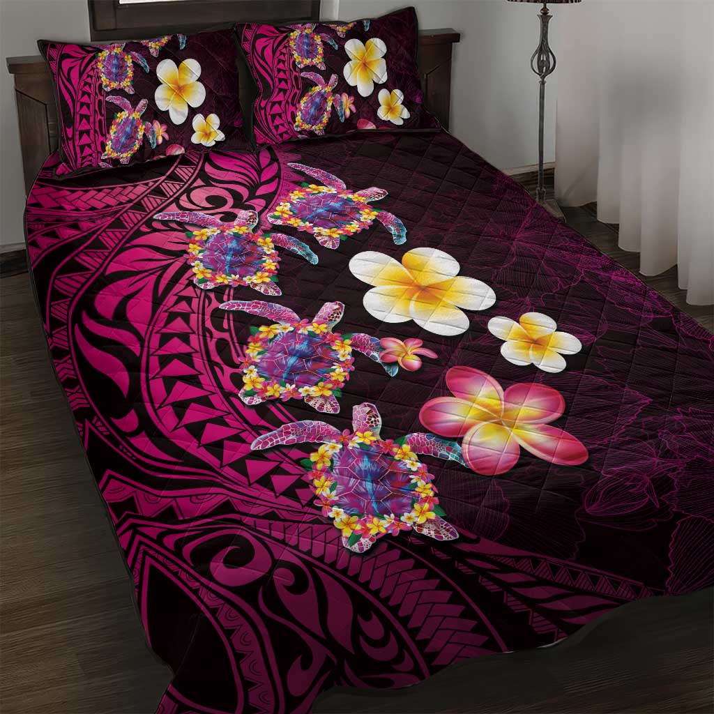 Hawaiian Turtles and Plumeria Quilt Bed Set Polynesian Art Tribal Tattoo Cerise