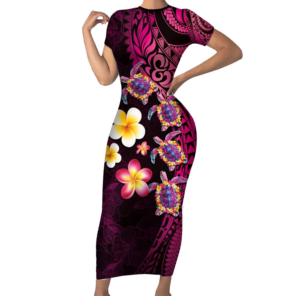 Hawaiian Turtles and Plumeria Short Sleeve Bodycon Dress Polynesian Art Tribal Tattoo Cerise