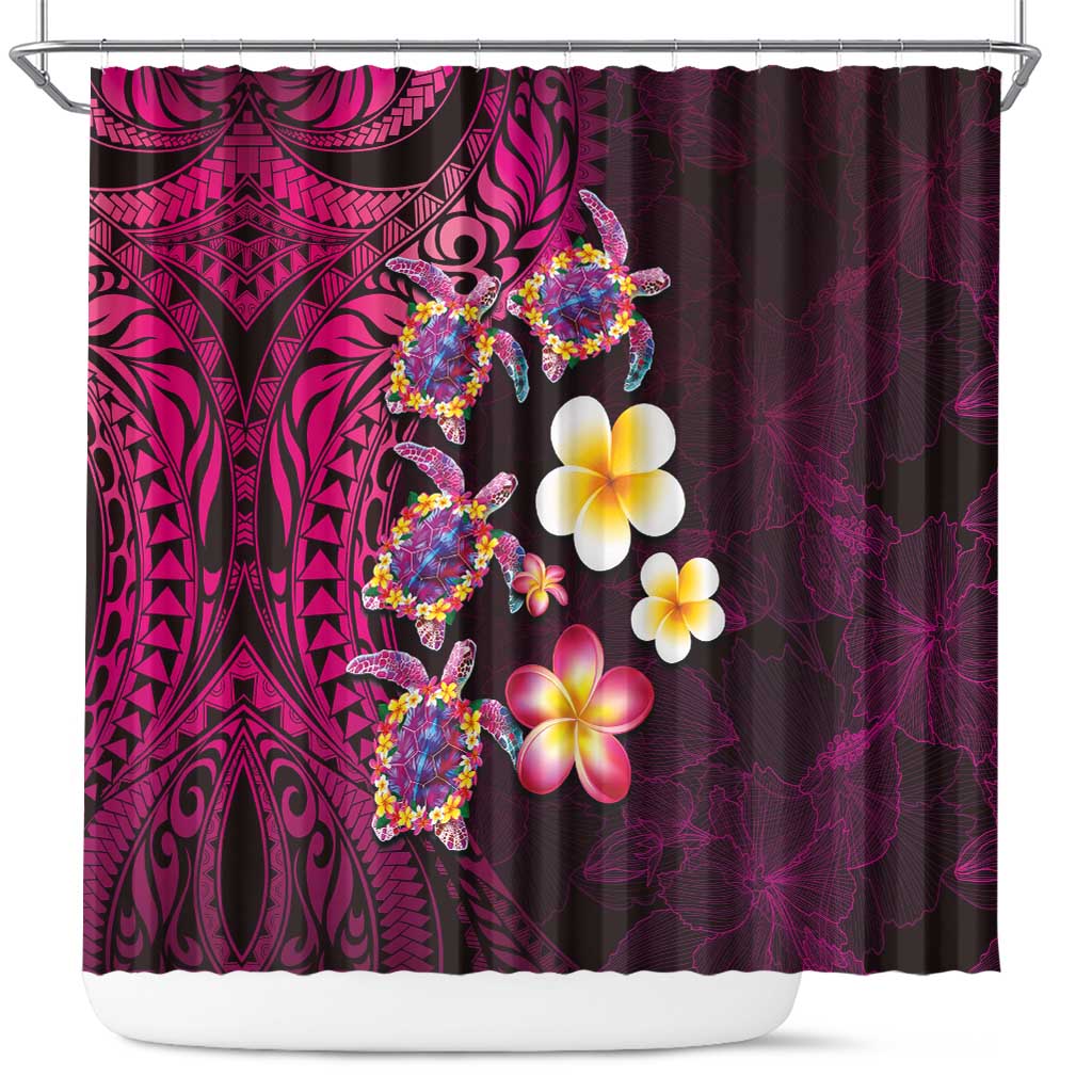 Hawaiian Turtles and Plumeria Shower Curtain Polynesian Art Tribal Tattoo Cerise