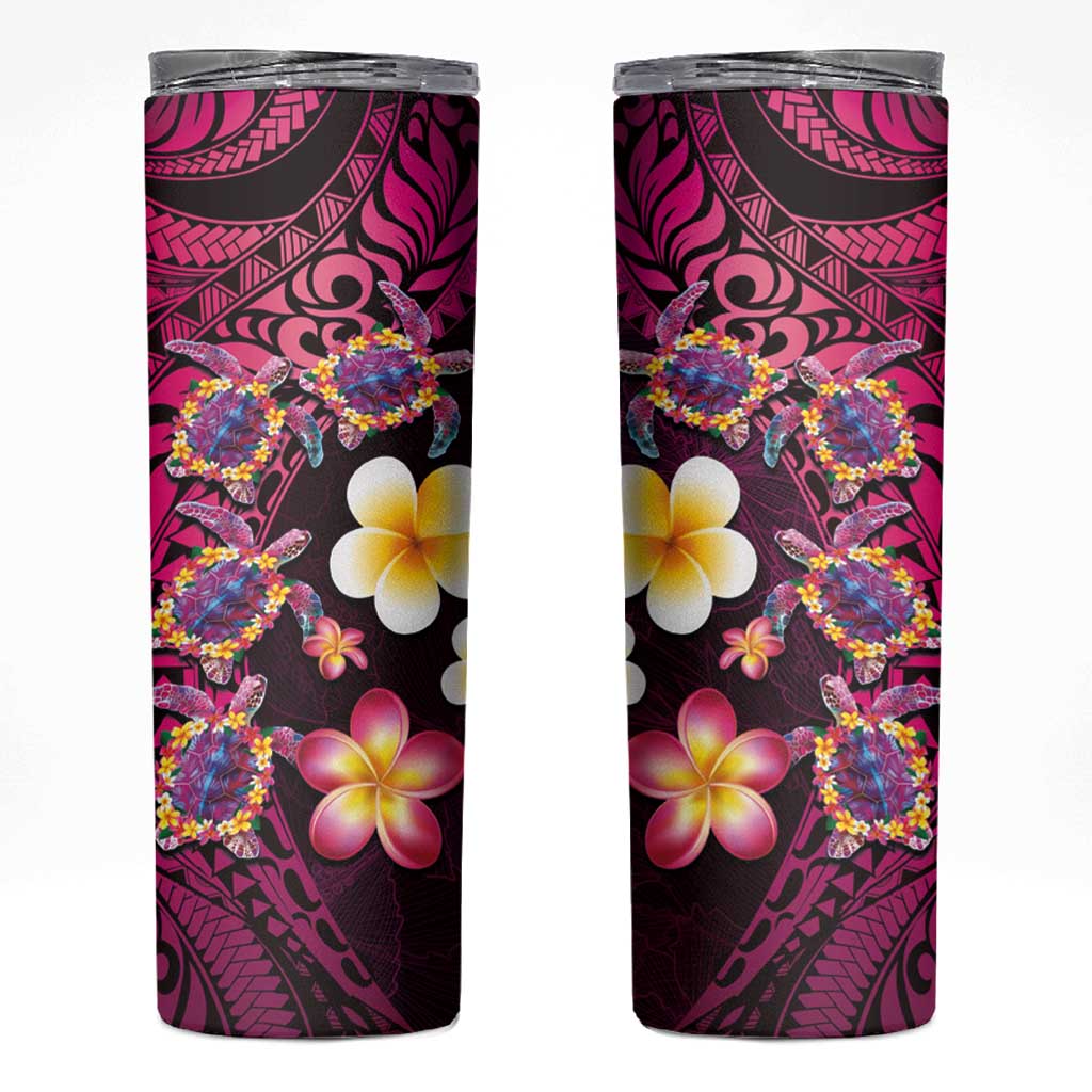 Hawaiian Turtles and Plumeria Skinny Tumbler Polynesian Art Tribal Tattoo Cerise