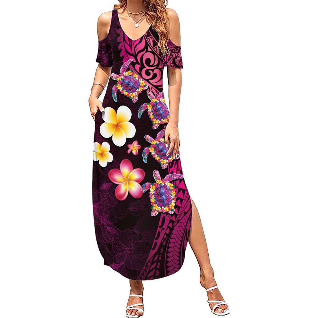 Hawaiian Turtles and Plumeria Summer Maxi Dress Polynesian Art Tribal Tattoo Cerise