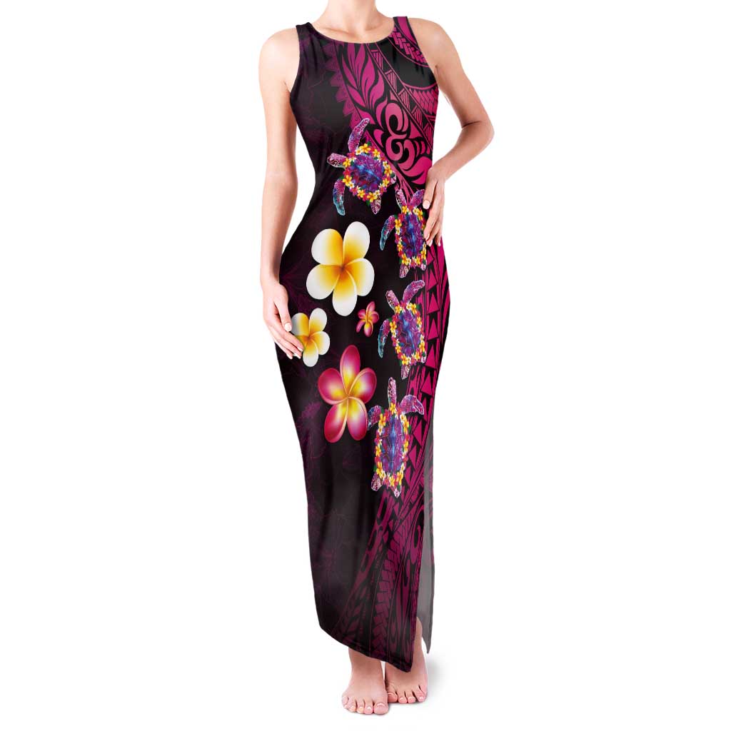 Hawaiian Turtles and Plumeria Tank Maxi Dress Polynesian Art Tribal Tattoo Cerise LT03 Women Pink - Polynesian Pride